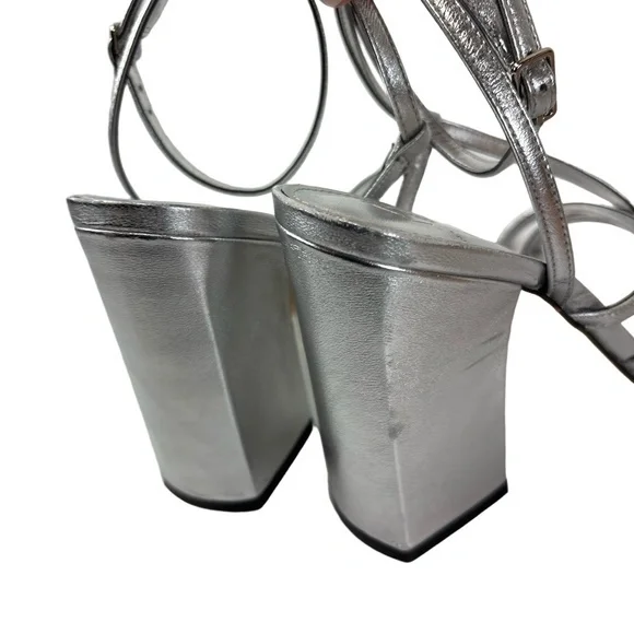 Marc Fisher Edalyn Womens 7.5 Silver Strappy Block Heel Sandals Wedding Metallic - Picture 6 of 9